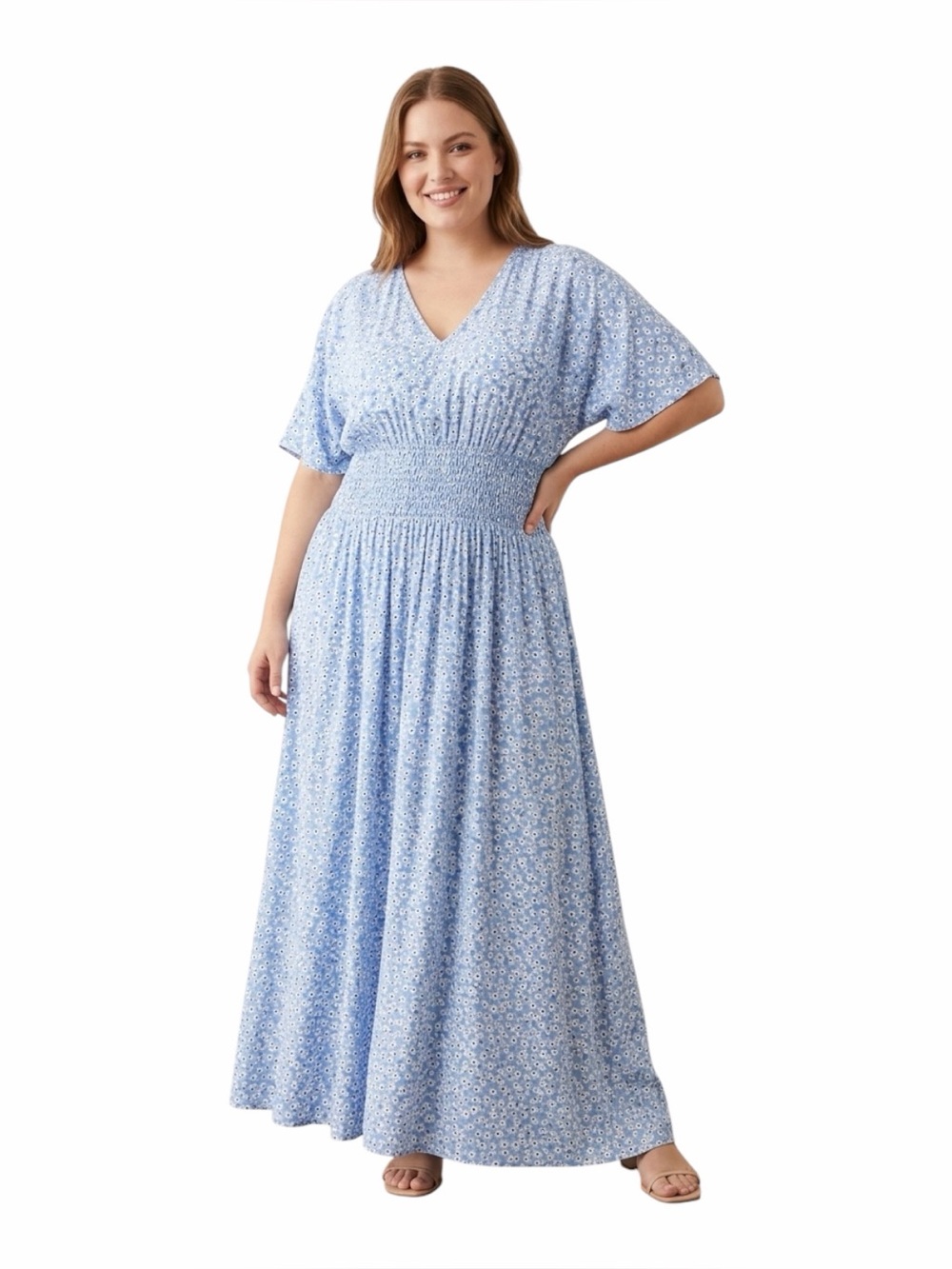Be Stage Blue Ditsy Floral Smocked Waist Maxi Dress Size 1XL